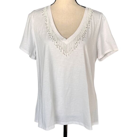 INC 0X-Large Top V-Neck Cap Sleeve Burnout Beaded Fringe Stretch Burnout White - Picture 1 of 8